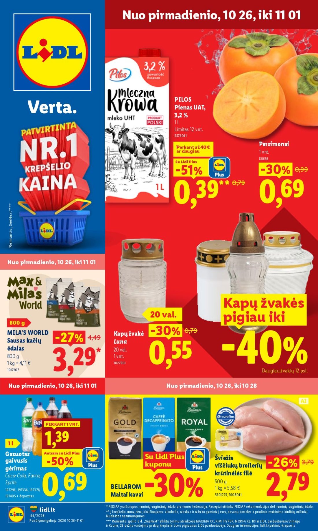 LIDL Maisto prekių pasiūlymai, 1 psl.: pirmadienio PILOS Pienas UAT Limitas Persimonai Perkant daugiau Lidl Plus tis Kapų žvakės val pigiau MILA’S…