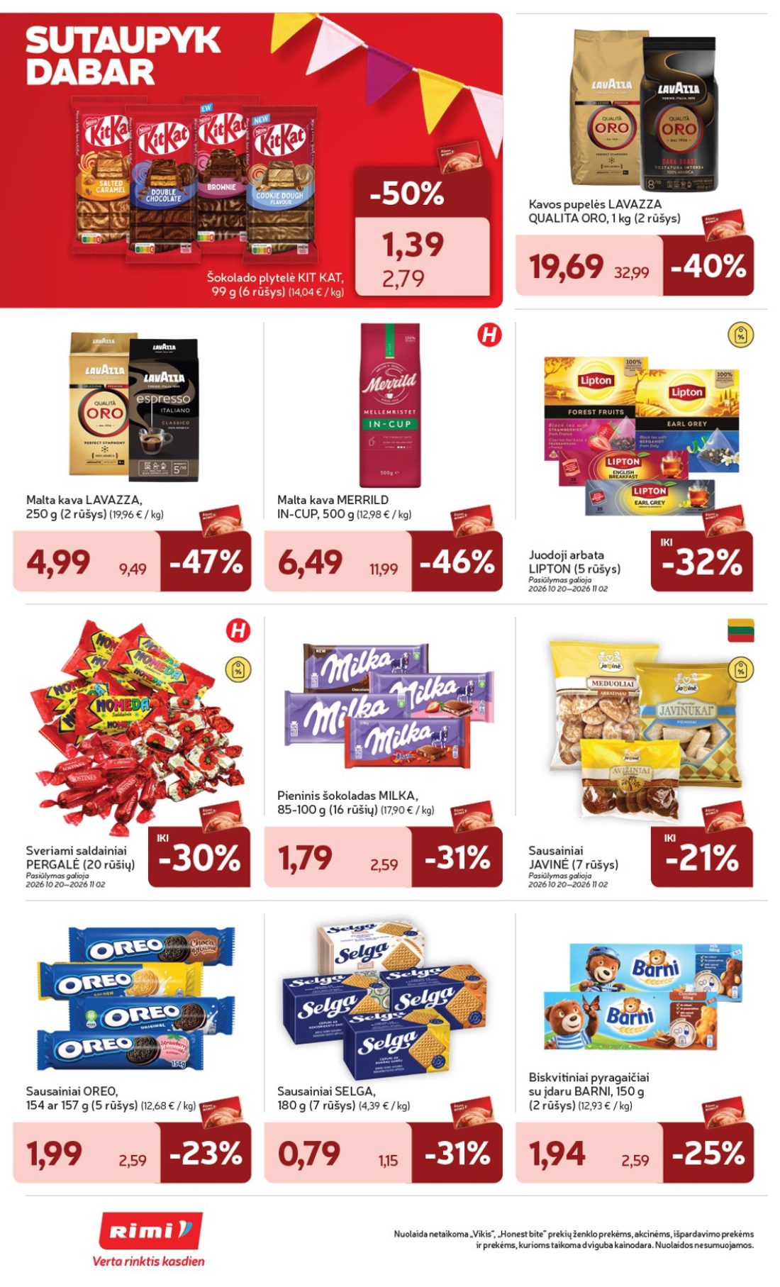 „Rimi“ savaitinis leidinys Nr. 44, 26 psl.: Šokolado plytelė KIT KAT rūšys Kavos pupelės LAVAZZA QUALITA ORO Malta kava MERRILD IN-CUP Juodoji arbata…