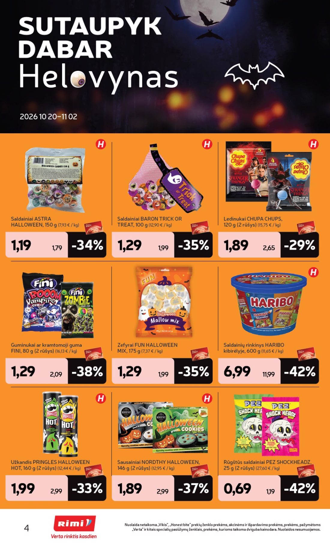 RIMI Helovynas 2026, 4 psl.: SUTAUPYK DABAR Helovynas Saldainiai ASTRA HALLOWEEN BARON TRICK TREAT Ledinukai CHUPA CHUPS rūšys Guminukai…