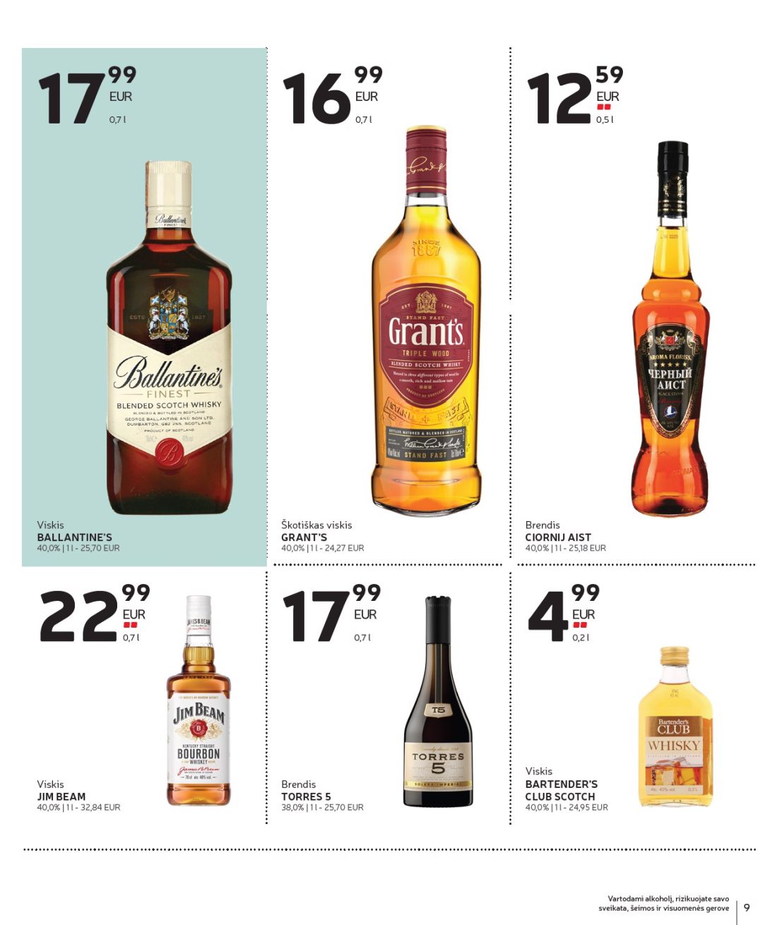 RIMI Alkoholinių gėrimų asortimento katalogas Nr. 21, 9 psl.: Vartodami alkoholį rizikuojate savo sveikata šeimos visuomenės gerove Viskis BALLANTINE’S Škotiškas GRANT’S…