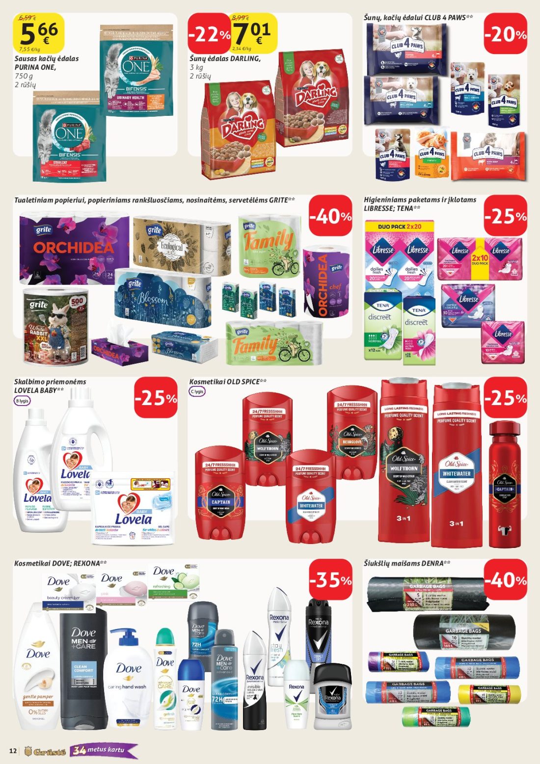 GRŪSTĖ akcijų leidinys Nr.30, 12 psl.: Šunų kačių ėdalui CLUB PAWS Sausas ėdalas DARLING PURINA ONE rūšių Higieniniams paketams įklotams Tualetiniam…
