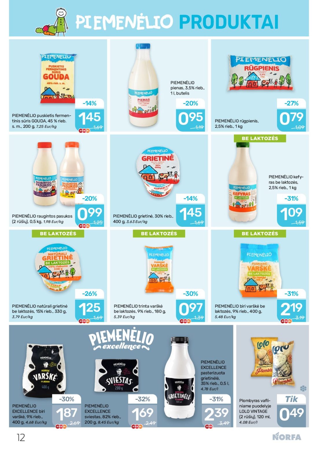 NORFA akcijų leidinys Nr.22, 12 psl.: PRODUKTAI PIEMENĖLIO pienas butelis puskietis fermen tinis sūris GOUDA rūgpienis Eur/kg LAKTOZĖS kefy ras…